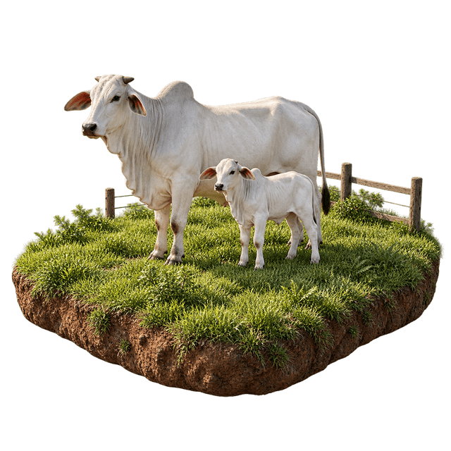 Ilustração de uma vaca Nelore e seu bezerro sobre uma pequena área de pastagem.